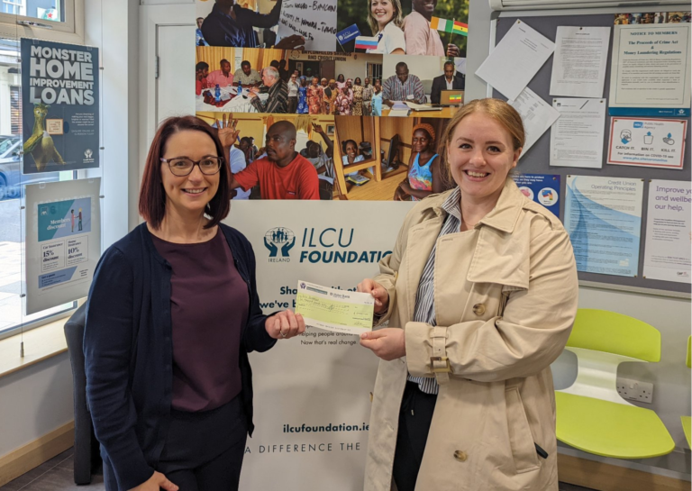 Louise, Manager Enniskillen Credit Union presents cheque to Ashley, Engagement Officer, Foundation